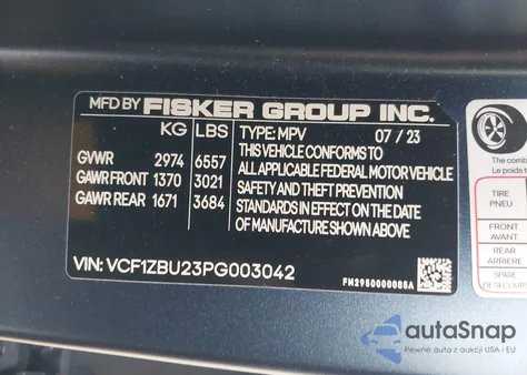 2023 Fisker Ocean One z USA, uszkodzony, nr VIN VCF1ZBU23PG003042